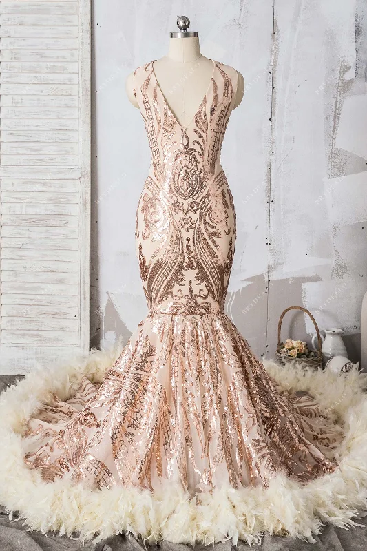 Champagne Sequin Feather Dramatic Trumpet Prom Dress