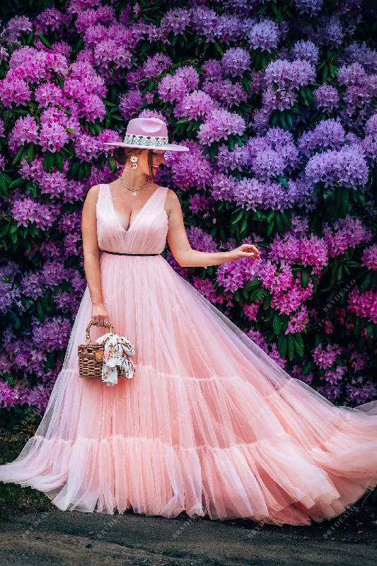 Fairy Baby Pink Plunging Back Tulle Prom Dress