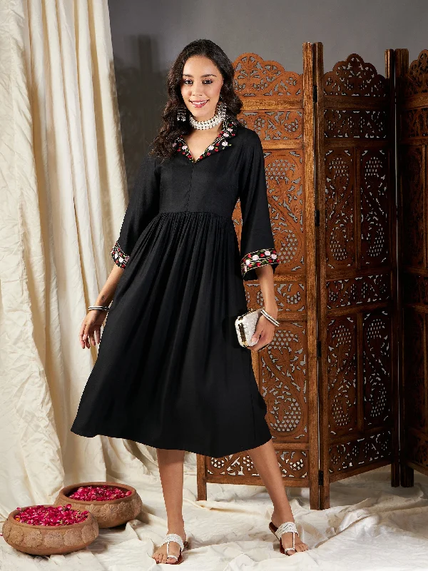 Lyush Women Black Embroidered Sleeve Gathered Dress
