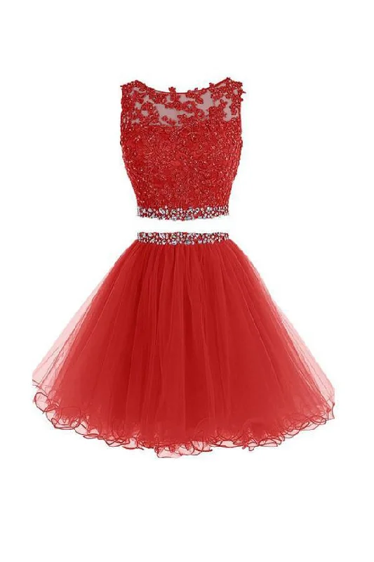 Two Pieces A Line Tulle Applique Short Homecoming/Prom Dresses With Beads DM341