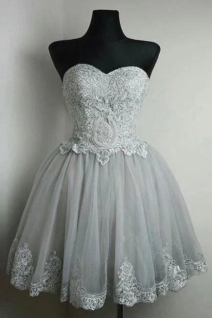 New Strapless Sweetheart Neck Grey Homecoming Dresses Lace Appliqued Short Prom Dresses DM369 New Strapless Sweetheart Neck Grey Homecoming Dresses Lace Appliqued Short Prom Dresses DM369