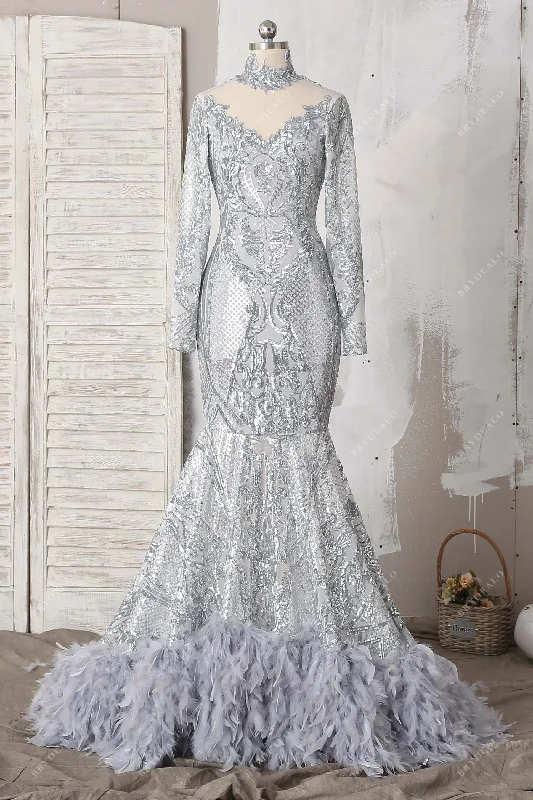 Silver Sequin Feather Mermaid Prom Dress