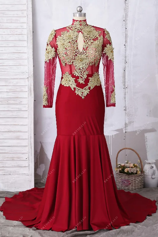 Red Jersey Gold Lace Turtle Neck Mermaid Dress