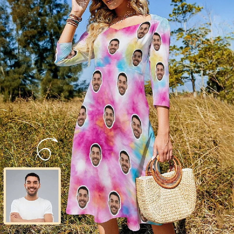 Custom Face Tie Dye Women's Bow Tie Back Flare Dress