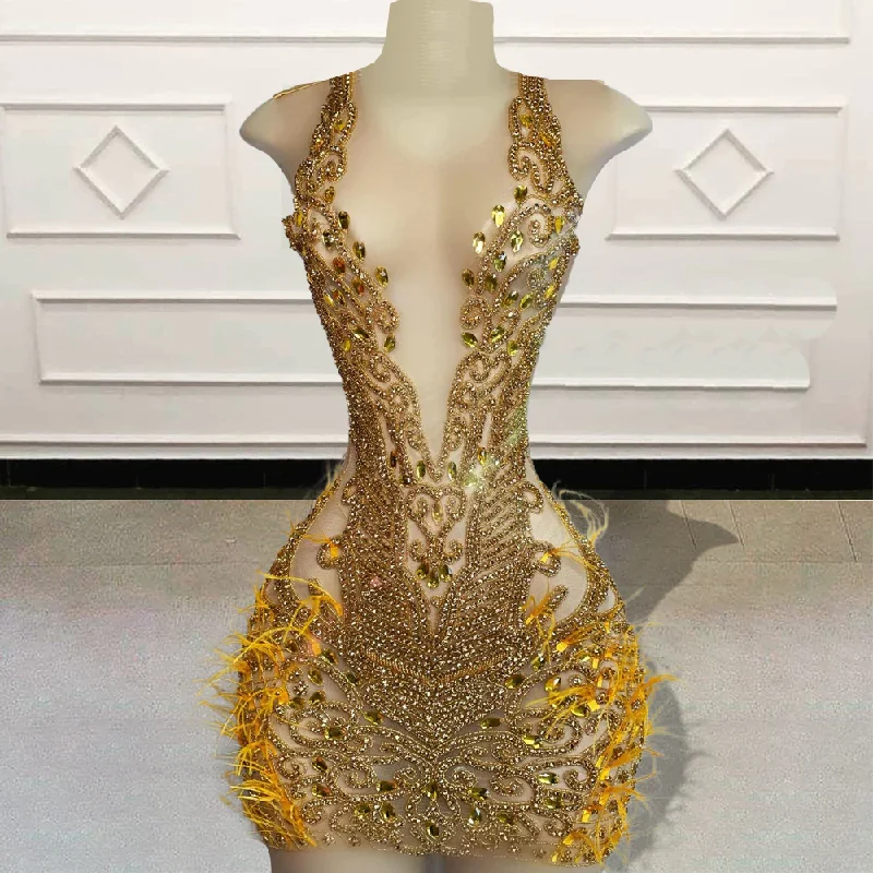 Glitter Beaded DIamond Women Gold Short Prom Dresses for Birthday Party Sexy See Through Black Girls Mini Cocktail Gowns Glitter Beaded DIamond Women Gold Short Prom Dresses for Birthday Party Sexy See Through Black Girls Mini Cocktail Gowns