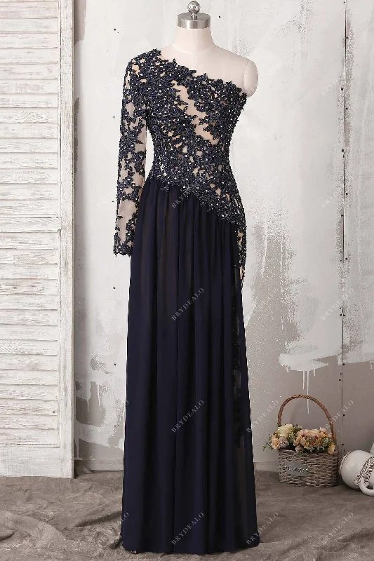 One Sleeve Black Chiffon Prom Dress