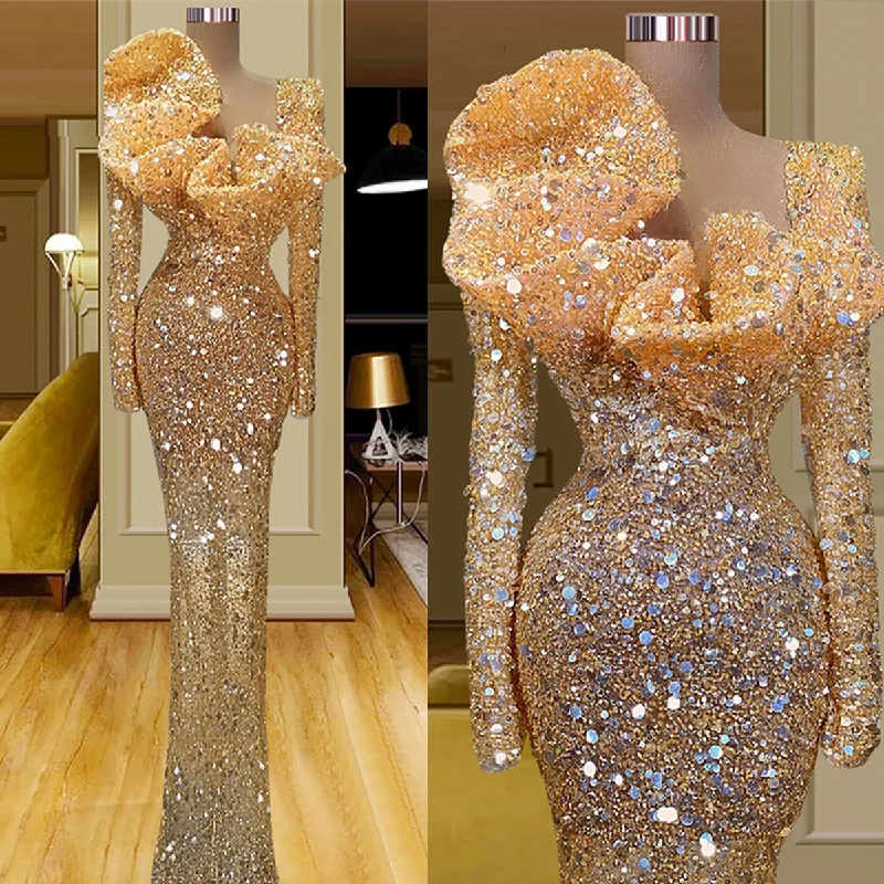Arabic Mermaid Prom Dresses Sparkly Sequins Long Sleeves Evening Formal Party Second Reception Birthday Engagement Gowns فستان Arabic Mermaid Prom Dresses Sparkly Sequins Long Sleeves Evening Formal Party Second Reception Birthday Engagement Gowns فستان