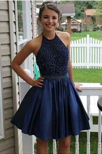 Royal Blue A Line Taffeta Beaded Bodice Halter High Neck Homecoming Dresses DM371