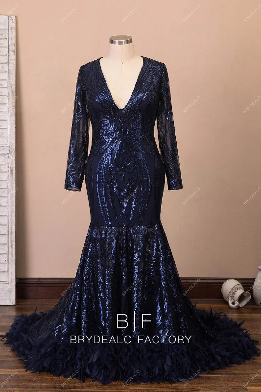 Navy Sequin Long Sleeve Feather Mermaid Plus Size Prom Dress