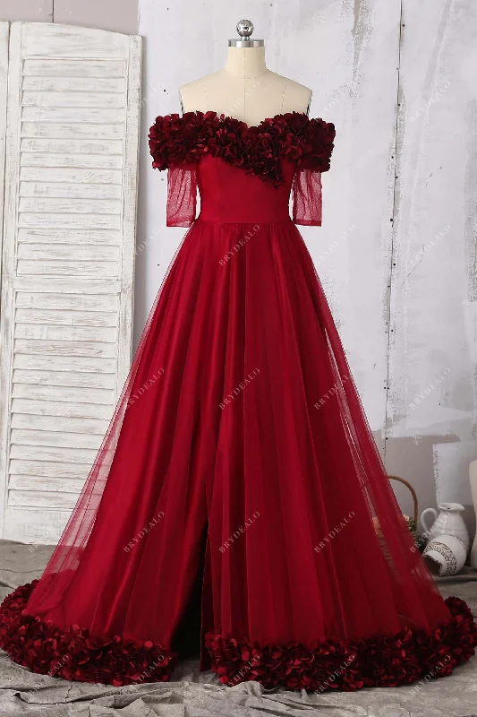 Burgundy 3D Petals Off-shoulder Tulle Slit Fairy Prom Dress
