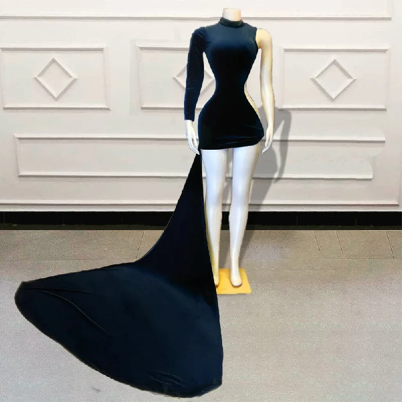 Sexy Black Girls Velvet Short Prom Dresses for Birthday Party Singe Full Sleeve Women Mini Cocktail Gowns Custom Made Sexy Black Girls Velvet Short Prom Dresses for Birthday Party Singe Full Sleeve Women Mini Cocktail Gowns Custom Made