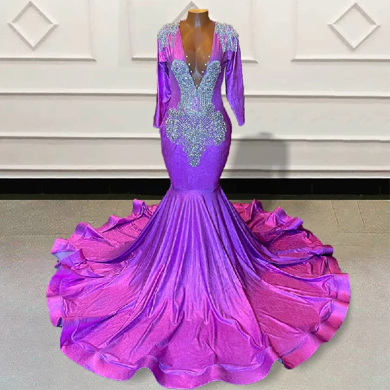 Glitter Beaded Purple Mermaid Long Prom Dresses for Graduation Party Full Sleeves Backless Women Custom Formal Evening Gown Glitter Beaded Purple Mermaid Long Prom Dresses for Graduation Party Full Sleeves Backless Women Custom Formal Evening Gown