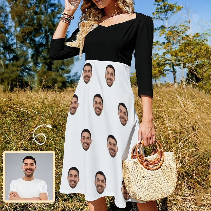 Custom Face Black White Women's Bow Tie Back Flare Dress