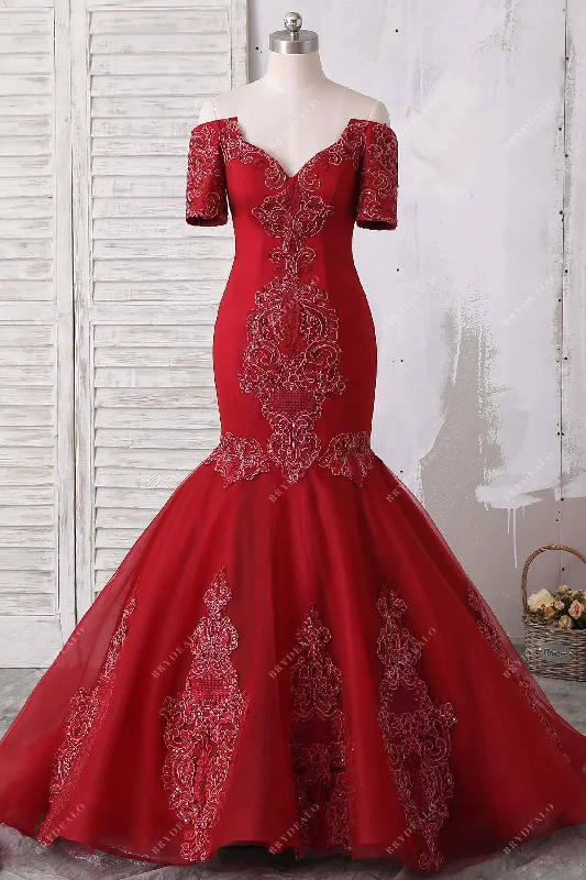 Dramatic Dark Red Lace Trumpet Prom Dress