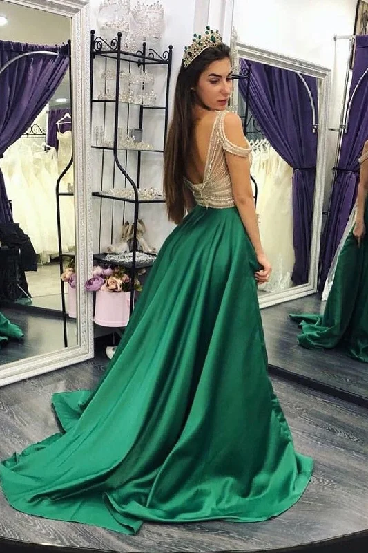 Beaded Crystals Green Prom Dresses with Off-the-shoulder