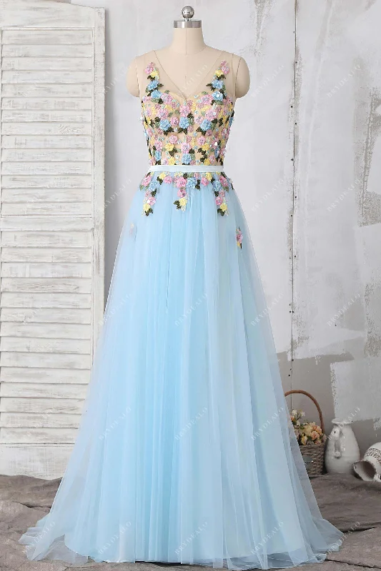3D Flowers Baby Blue Tulle Prom Dress