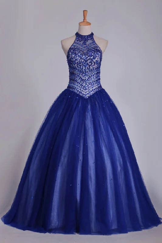 2024 Dark Royal Blue Halter Quinceanera Dresses Ball Gown Tulle With Beads & PKMTYX9P 2024 Dark Royal Blue Halter Quinceanera Dresses Ball Gown Tulle With Beads & PKMTYX9P