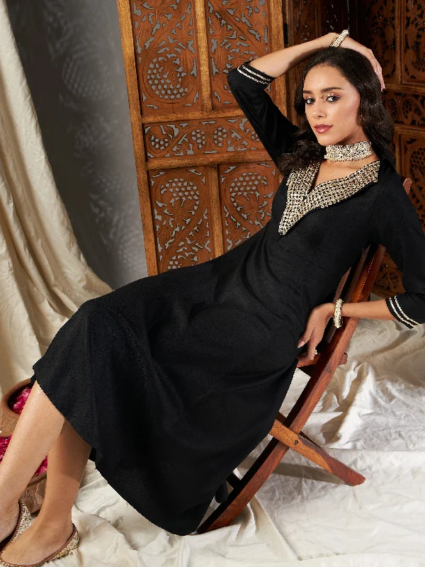 Lyush Women Black Zari Embroidered A-Line Dress