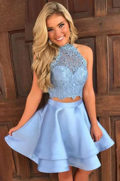 Blue Two Piece High Neck Lace Top Satin Open Back Sleeveless Homecoming Dresses DM370 Blue Two Piece High Neck Lace Top Satin Open Back Sleeveless Homecoming Dresses DM370