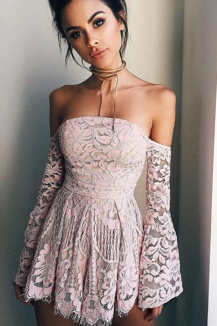 Long Sleeves Off the Shoulder Pink Prom Dress,Short Blush Pink Modest Homecoming Dress stunning DM417 Long Sleeves Off the Shoulder Pink Prom Dress,Short Blush Pink Modest Homecoming Dress stunning DM417
