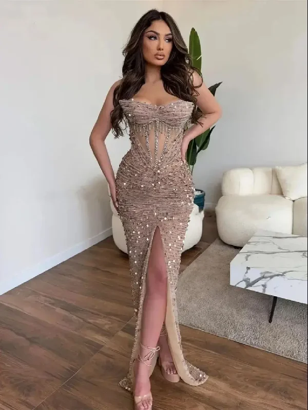 Luxury Champagne Glitter Mermaid Evening Dresses Sweeheart Off Shoulder Side Slit Sequins Floor Length Sexy Prom Dress Luxury Champagne Glitter Mermaid Evening Dresses Sweeheart Off Shoulder Side Slit Sequins Floor Length Sexy Prom Dress
