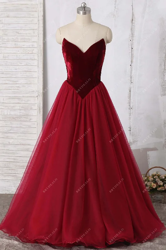 Wine Velvet Tulle V-neck Basque Waist Elegant Dress