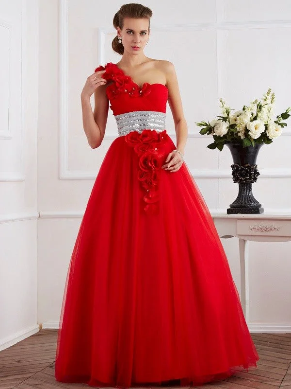 Ball Gown One-Shoulder Sleeveless Hand-Made Flower Long Net Quinceanera Dresses TPP0009123 Ball Gown One-Shoulder Sleeveless Hand-Made Flower Long Net Quinceanera Dresses TPP0009123