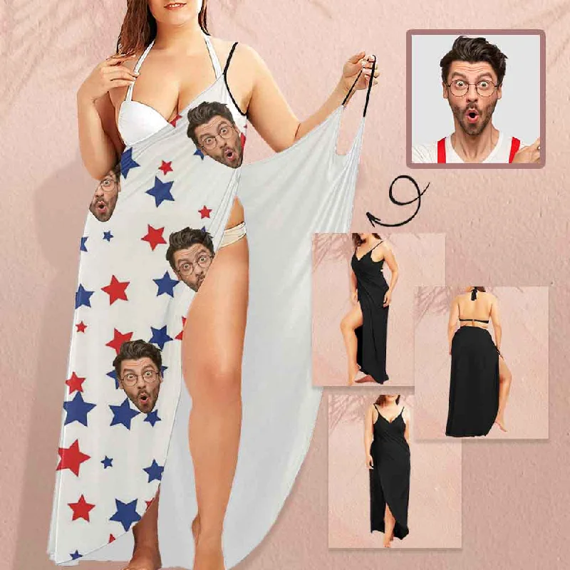 Custom Husband Face Red Blue Star Spaghetti Strap Backless Beach Dress Personalized Women's Cover up Beach Dress Custom Husband Face Red Blue Star Spaghetti Strap Backless Beach Dress Personalized Women's Cover up Beach Dress