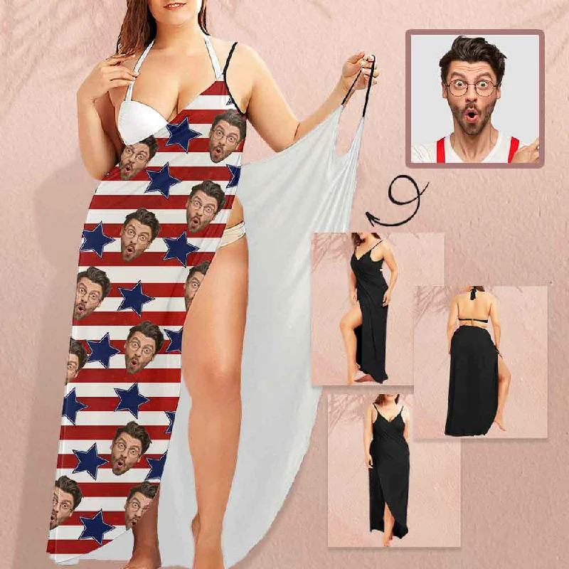 Custom Husband Face Striped Stars Spaghetti Strap Backless Beach Dress Personalized Women's Cover up Beach Dress Custom Husband Face Striped Stars Spaghetti Strap Backless Beach Dress Personalized Women's Cover up Beach Dress