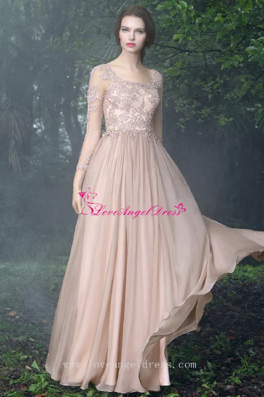 Beaded Lace Champagne Chiffon Evening Dresses with Sheer Long Sleeves