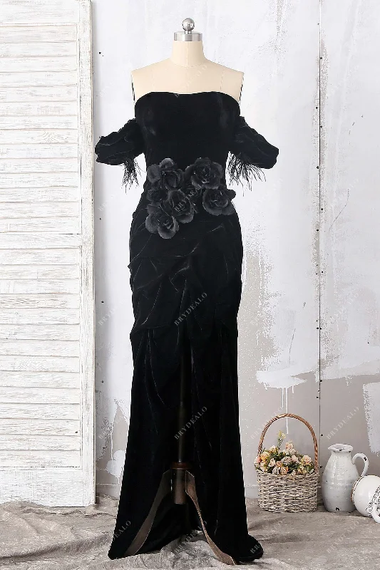 Black Off-Shoulder Feather Sleeve Tulip Dress