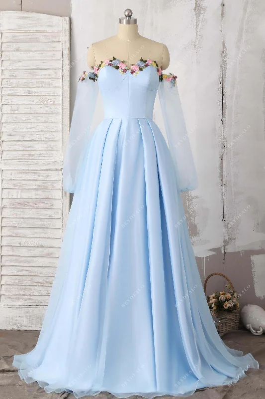 Sky Blue Floral Organza A-Line Prom Dress