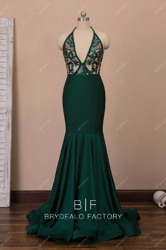 Unique Emerald Sequin Satin Halter Mermaid Prom Dress