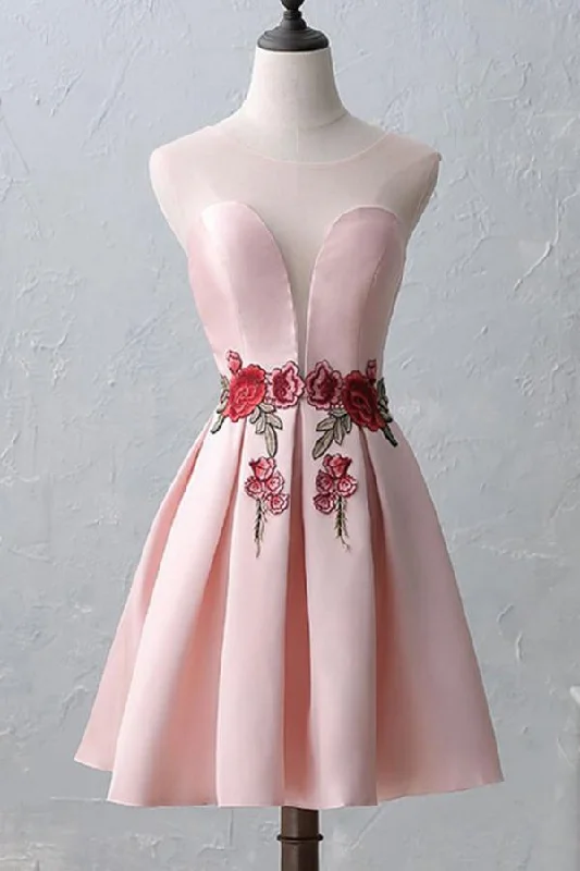 A Line Knee-Length Open Back Pink Satin Homecoming Dress With Flower Appliques DM384 A Line Knee-Length Open Back Pink Satin Homecoming Dress With Flower Appliques DM384
