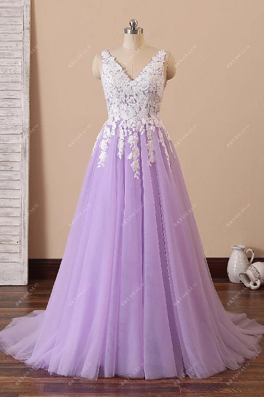 White Lace Lilac Tulle V-neck A-line Fairy Prom Dress