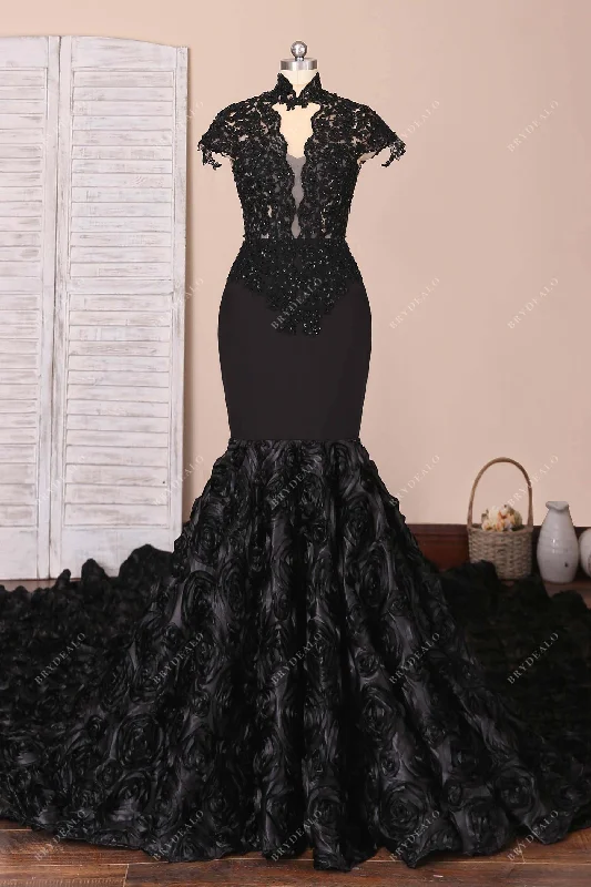 Classic Black Lace 3D Roses Trumpet Prom Dress