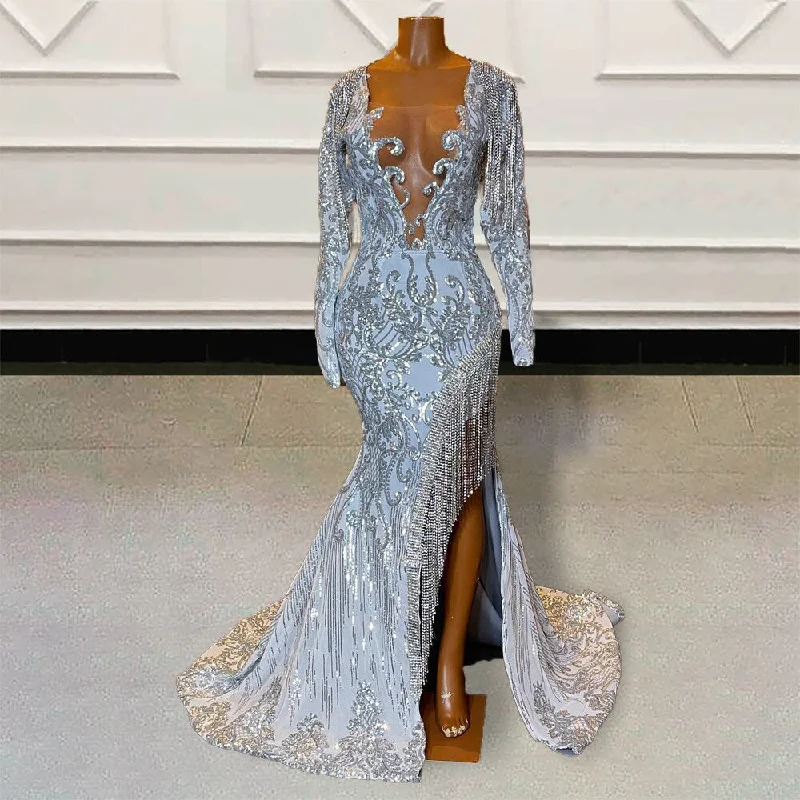 Sparkly Sequin Beaded Mermaid Long Prom Dresses for Graduation Party Sexy Sheer Mesh Women Formal Evening Gown with Slit Sparkly Sequin Beaded Mermaid Long Prom Dresses for Graduation Party Sexy Sheer Mesh Women Formal Evening Gown with Slit
