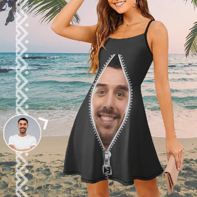 Custom Face Zipper Black Background Women's Sling Dress