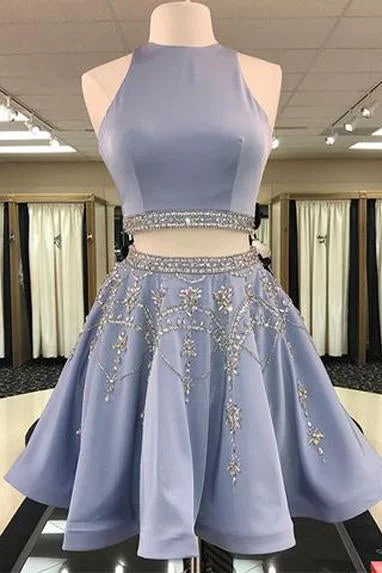 Stylish Two Piece A-Line Jewel Sleeveless Short Homecoming Dresses With Beading DM432 Stylish Two Piece A-Line Jewel Sleeveless Short Homecoming Dresses With Beading DM432