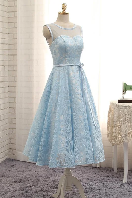 High Quality Blue A Line Lace Short Prom Dress,Sleeveless Homecoming Dresses DM470