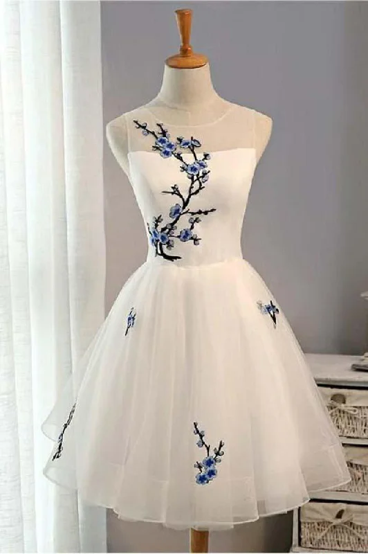 Cheap A-Line Short White Homecoming Dresses,Tulle Summer Prom Dresses for Girls DM409