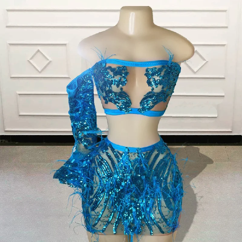 Custom Made Sexy 2 Piece Short Prom Dress for Birthday Party Sparkly Sequin Feather Single Sleeve Women Mini Cocktail Gowns Custom Made Sexy 2 Piece Short Prom Dress for Birthday Party Sparkly Sequin Feather Single Sleeve Women Mini Cocktail Gowns