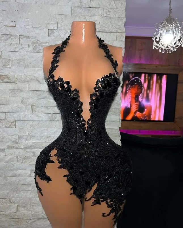 Elegant Black Lace Prom Dresses For Little Girl High Neck Beaded Short Cocktail Gowns Abiti Da Cocktail Elegant Black Lace Prom Dresses For Little Girl High Neck Beaded Short Cocktail Gowns Abiti Da Cocktail