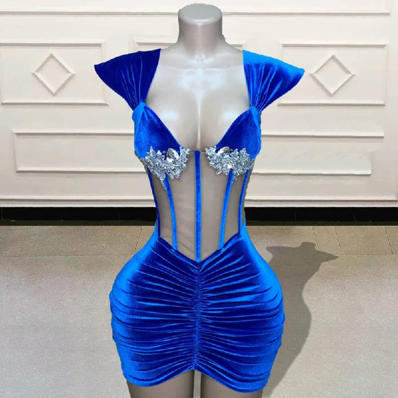 Custom Made Velvet Short Prom Dresses for Birthday Party Sexy See Through Beaded Crystal Blue Mini Cocktail Gowns Custom Made Velvet Short Prom Dresses for Birthday Party Sexy See Through Beaded Crystal Blue Mini Cocktail Gowns