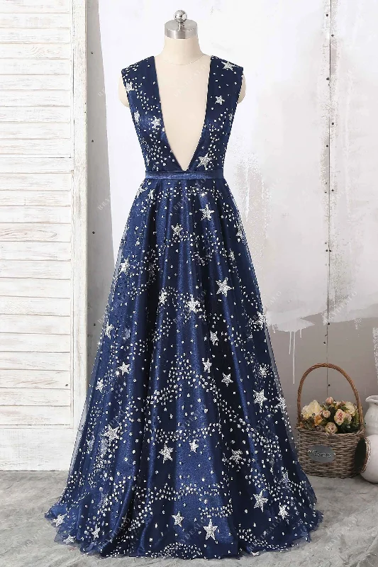 Glitter Stars Navy Tulle Formal Dress