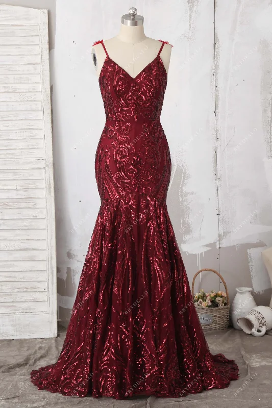 Flower Burgundy Sequin Mermaid Unique Prom Dress