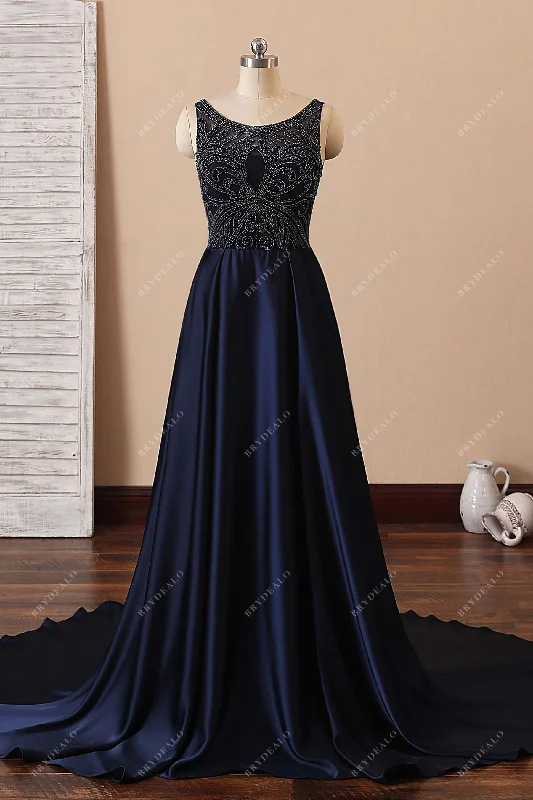 Navy Satin Illusion A-line Plus Size Prom Dress