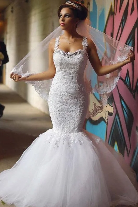 Beaded Lace Mermaid Bridal Dresses with Double Straps