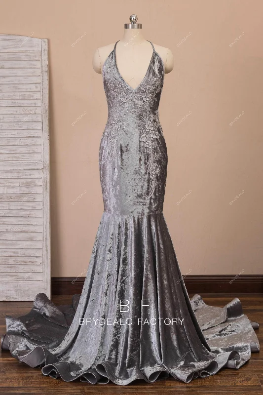 Gray Velvet Pearl Flowers Mermaid Prom Dress