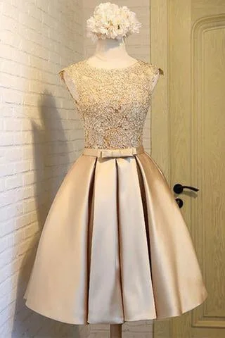 Light Gold Satins Lace Round Neck Homecoming Dress With Bownot DM342